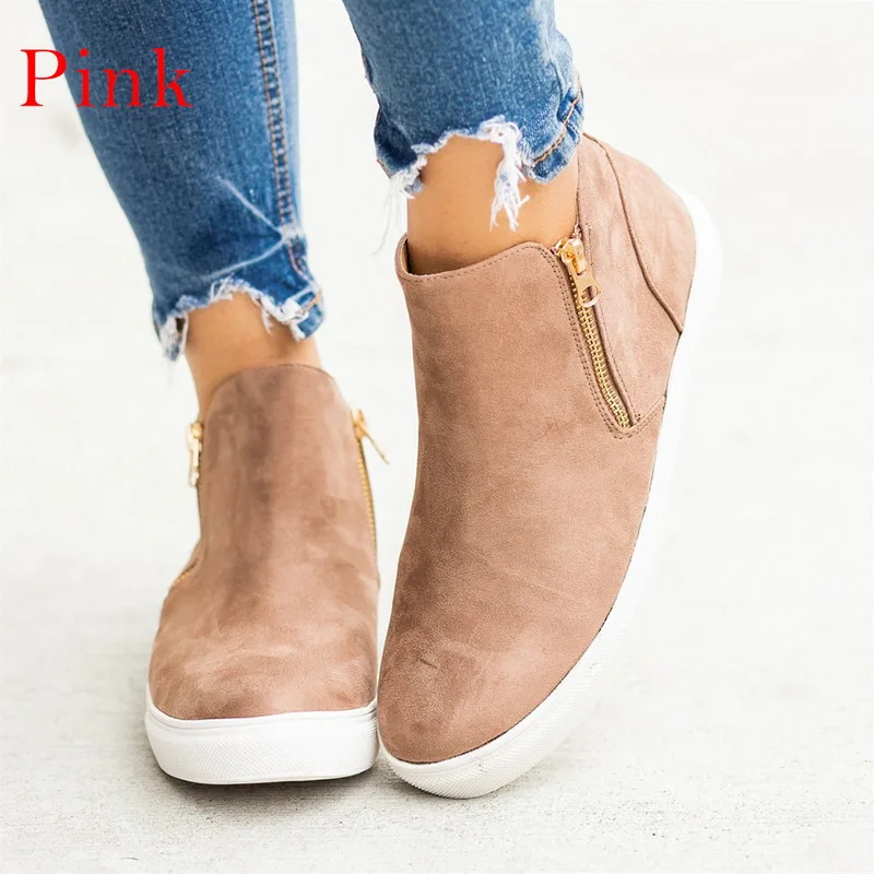Pink Monerffi модные женские туфли Повседневное пляжная обувь круглый носок повседневная обувь Нескользящая Высокая однотонная обувь на плоской подошве, на молнии, размера плюс Mujer - Цвет: Pink