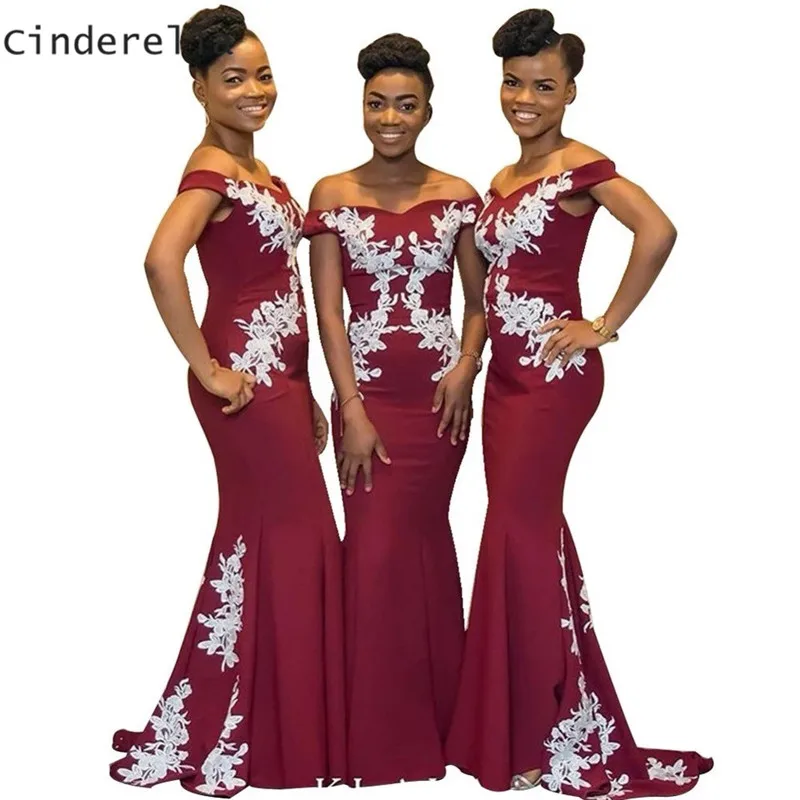 

Cinderella Dark Red V-Neck Off The Shoulder Lace Applique Satin Mermaid Bridesmaid Dresses Lace Floor Length Bridesmaid Dresses