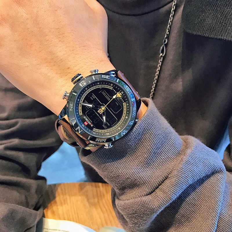 NAVIFORCE, модные мужские спортивные часы, светодиодный, аналоговые, цифровые наручные часы, военные, кожаный ремешок, кварцевые часы, Relogio Masculino