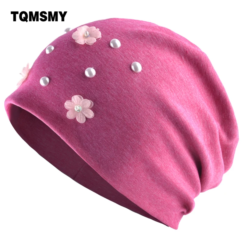 

TQMSMY Flowers Beanie Hats Spring Autumn Cap Women Pearl Hat Slouchy Lady Baggy Caps Warm Skullies Knitted Beanies Hats TMDH41