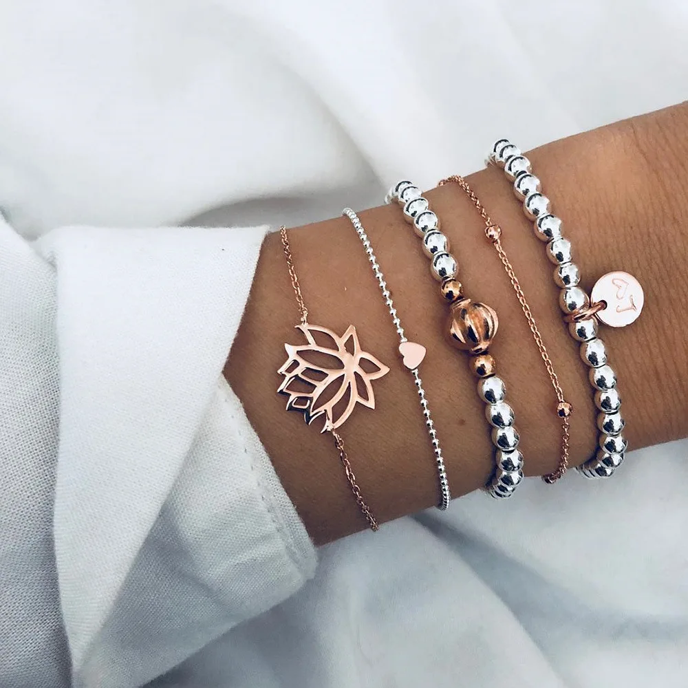 

2019 Fashion 5pcs/Set Gold/Silver Bead Flower Bangle For Women Heart Adjustable New Bracelets On The Hand Bohemian Jewelry