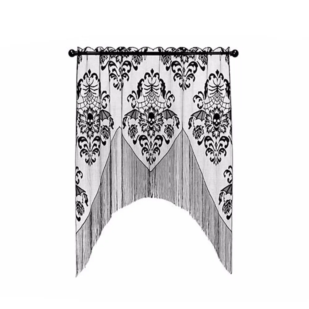Halloween Gothic Black Lace Tassel Valance Skull Bat Tulle Topper Shawl Halloween Haunted House Party Curtains Fabric Tablecloth images - 6