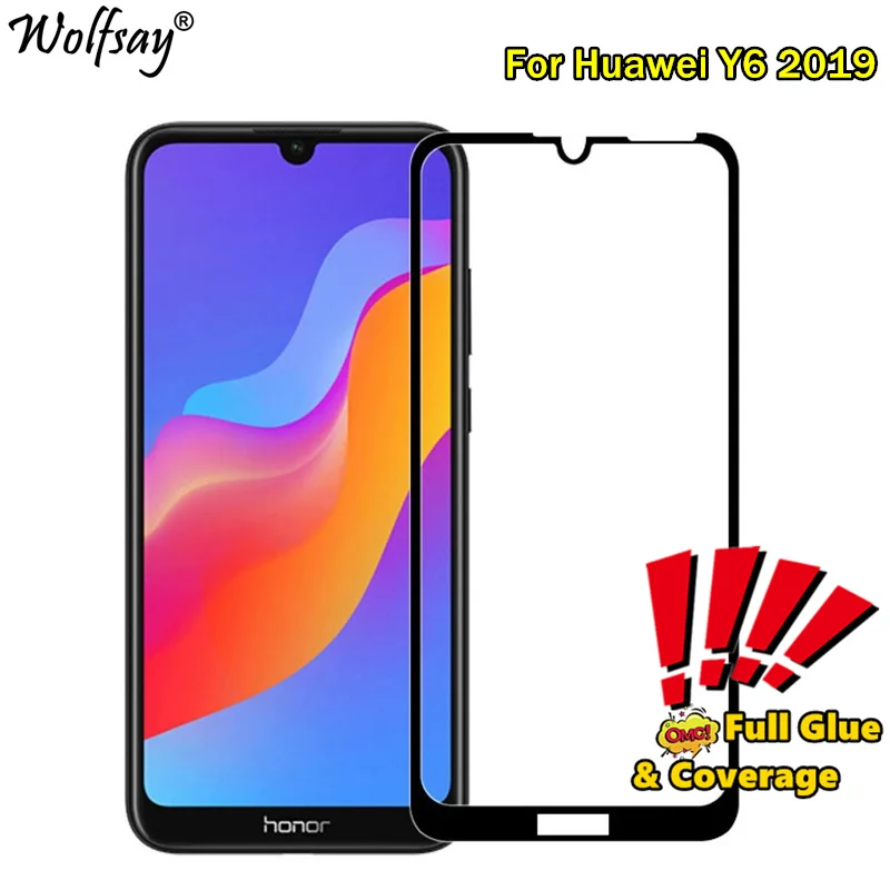 Cubierta completa de vidrio templado para Huawei Y6 2019, Protector de pantalla de vidrio de seguridad con pegamento completo para Huawei Y6 2019, vidrio de tel&eacute;fono Y6 Pro 2019-1