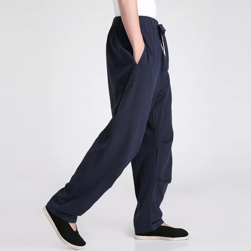 Темно-Синие китайские мужские брюки кунг-фу высококачественные хлопковые