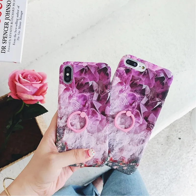 Luxury Jade Purple Diamond Pattern Phone Case for IPhone 7 Ring Bracket 6 6s 8 Plus X Ultra Slim Hard Back Cover |