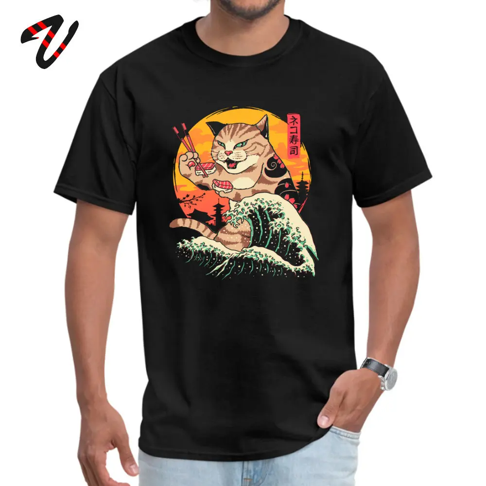 

Crew Neck 100% Cotton Fabric T Shirt Men's T-Shirt Neko Sushi Wave Japan Style Short Sleeve Tops Mad Cat Print Clothing Cool