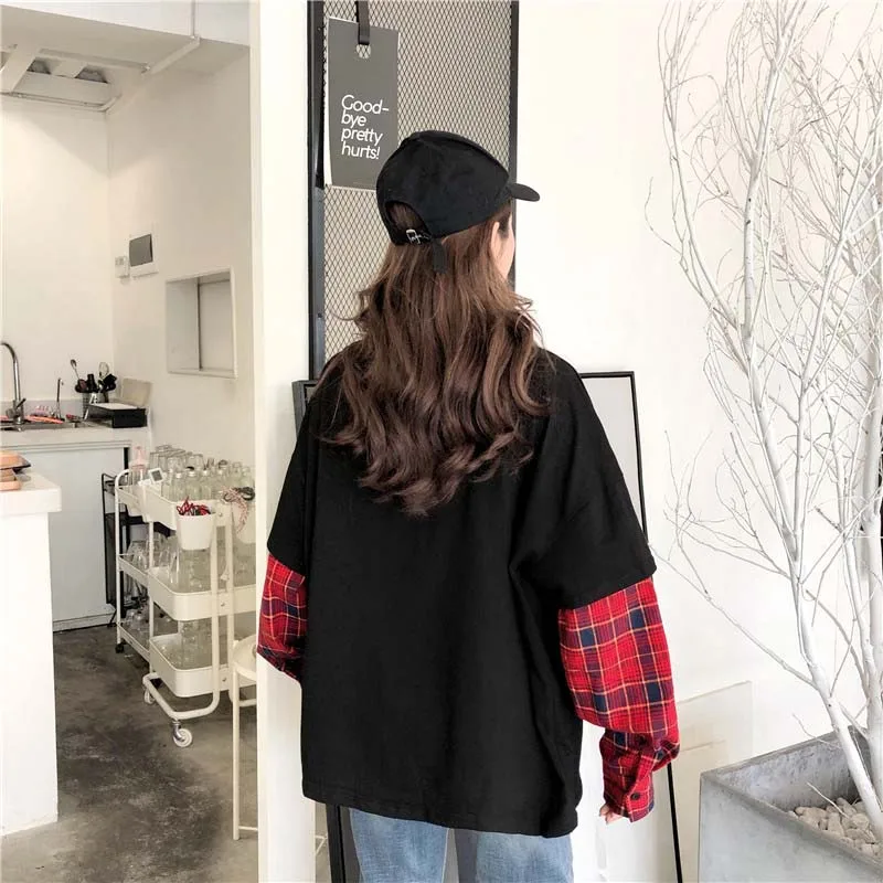 NiceMix Harajuku футболка Женские топы Поддельные 2 шт. футболка Лоскутная клетчатая рубашка с длинным рукавом Уличная рубашка Camiseta Feminina