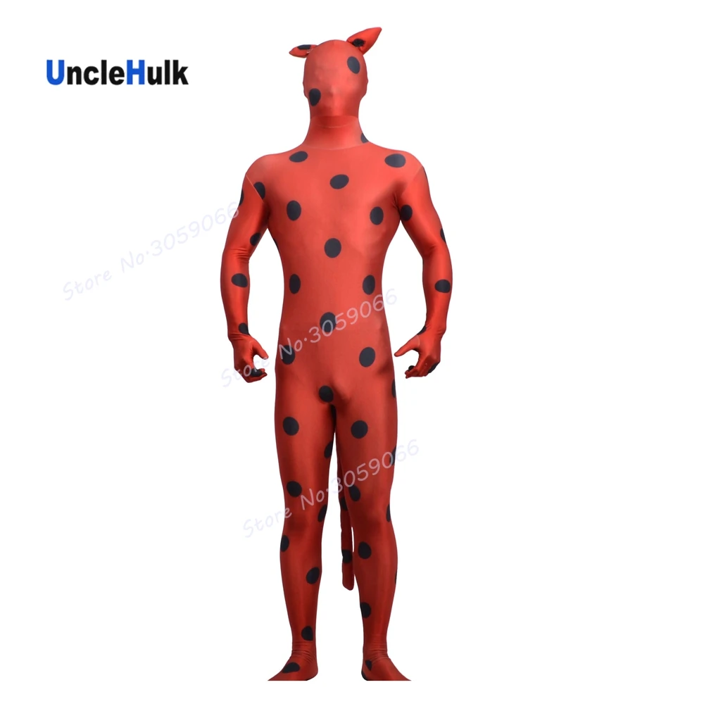 Черный костюм Zentai в горошек из красного спандекса с кошачьими ушками и хвостом |