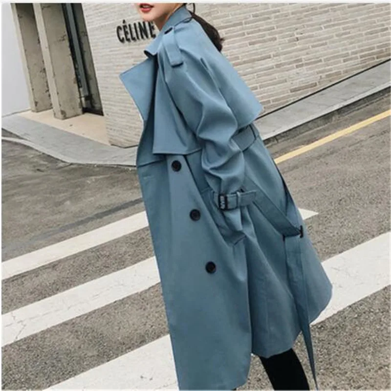 

Windbreaker Female 2019 Spring Autumn new Korean leisure chic loose ladies harbor wind Long Trench Coat for women X509 blue