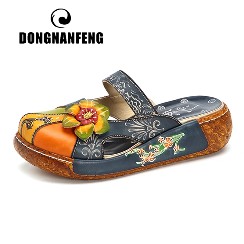 Женская обувь DONGNANFENG из натуральной кожи с цветочным принтом модель сандалии