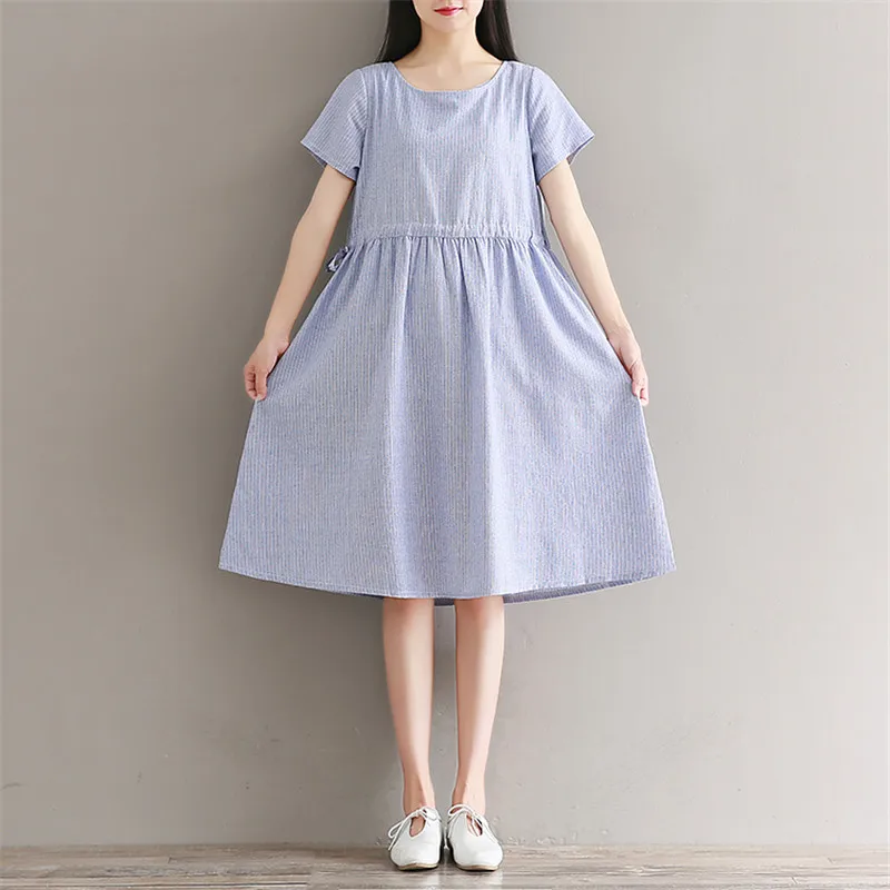 Летнее милое платье Женская мода 2019 синее розовое Полосатое с круглым вырезом