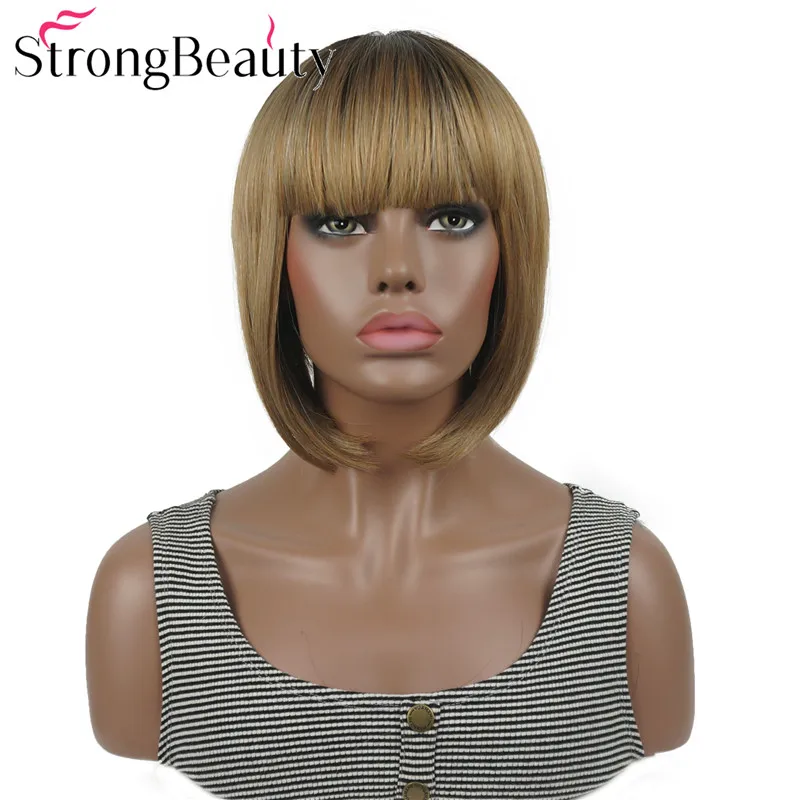 StrongBeauty короткий прямой Боб с аккуратной челкой натуральный синтетический монолитный парик для женщин много цветов