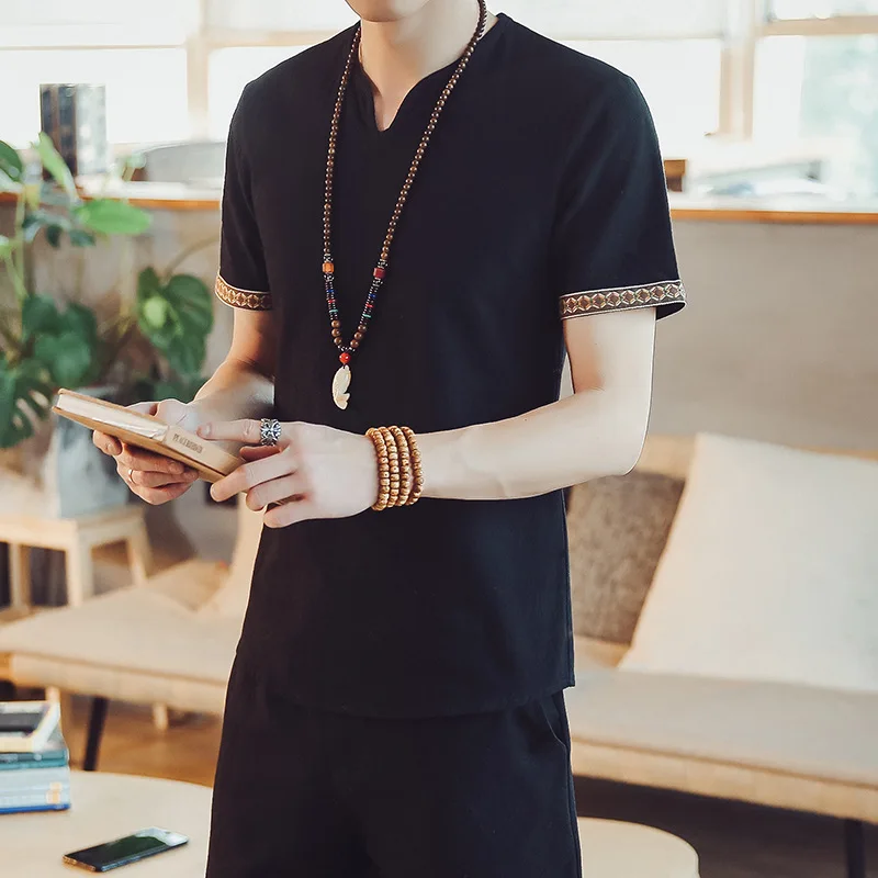 

Men's Short Sleeve Button Linen Causal Shirt Solid Color Loose Blouse Spring Autumn Summer soft Handsome Chinese style Shirt