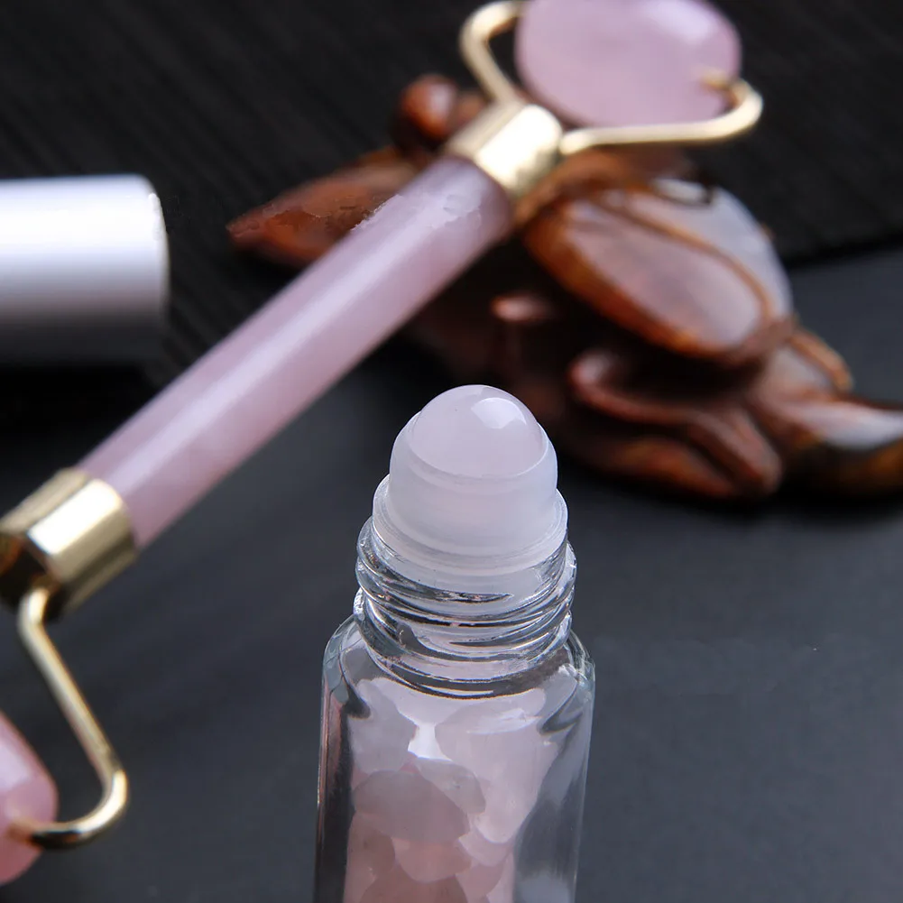 

Natural Jade Rose Crystal Quartz Massage Double Head Roller+1pcs Manual Roller Face-lift SPA Tool Crystal Bead Oil Roller Ball