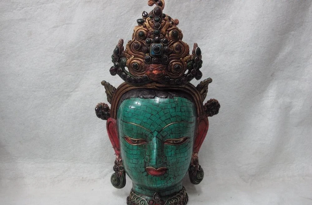 Buddhism Old Bronze Painted inlay turquoise ruby beryl gem Kwan-Yin GuanYin Head 8.02 | Дом и сад