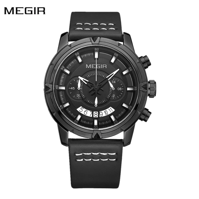 Relogio Masculino 2019 MEGIR мужские часы Военные Спортивные наручные хронограф кожаный