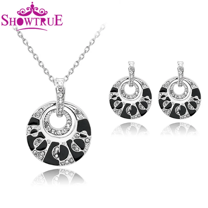 SHOWTRUE Роскошные Старинные Свадебные Черный Круглый Ювелирные Наборы Кристалл