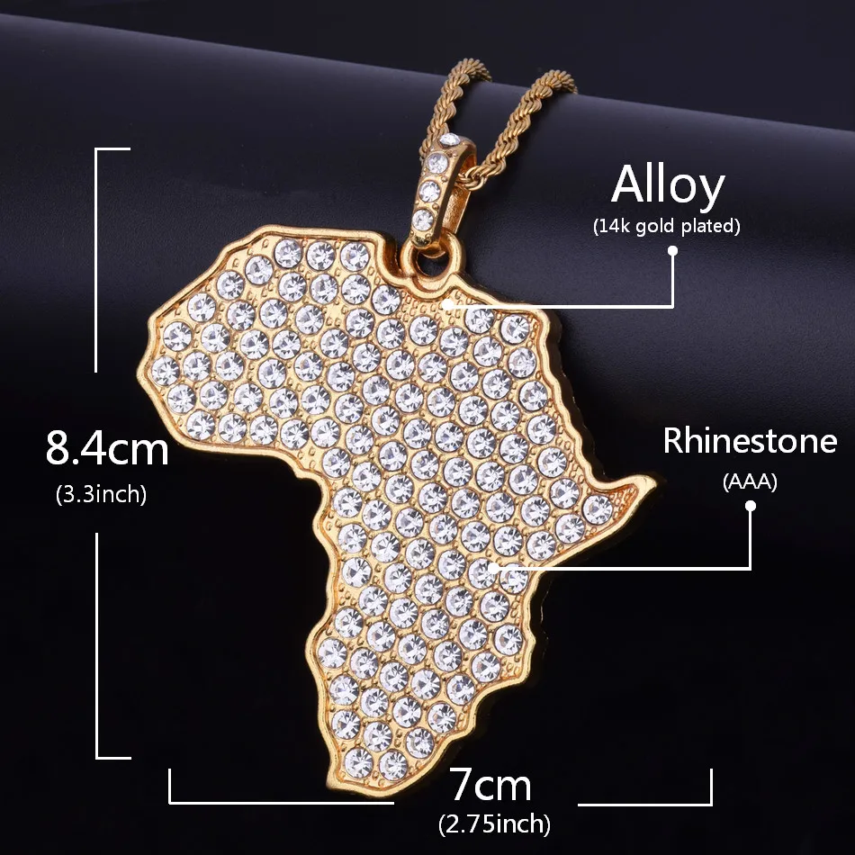 Африканский географические карты цепочки и ожерелья Bling Украшенные стразами Золото Цвет хип хоп кулон цепи для мужчин/для женщи