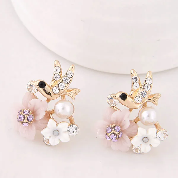 Женские серьги-гвоздики с кристаллами в виде птицы золотые и серебряные