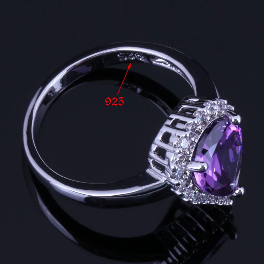 Изысканная груша фиолетового кубического циркония Белый CZ Посеребренные