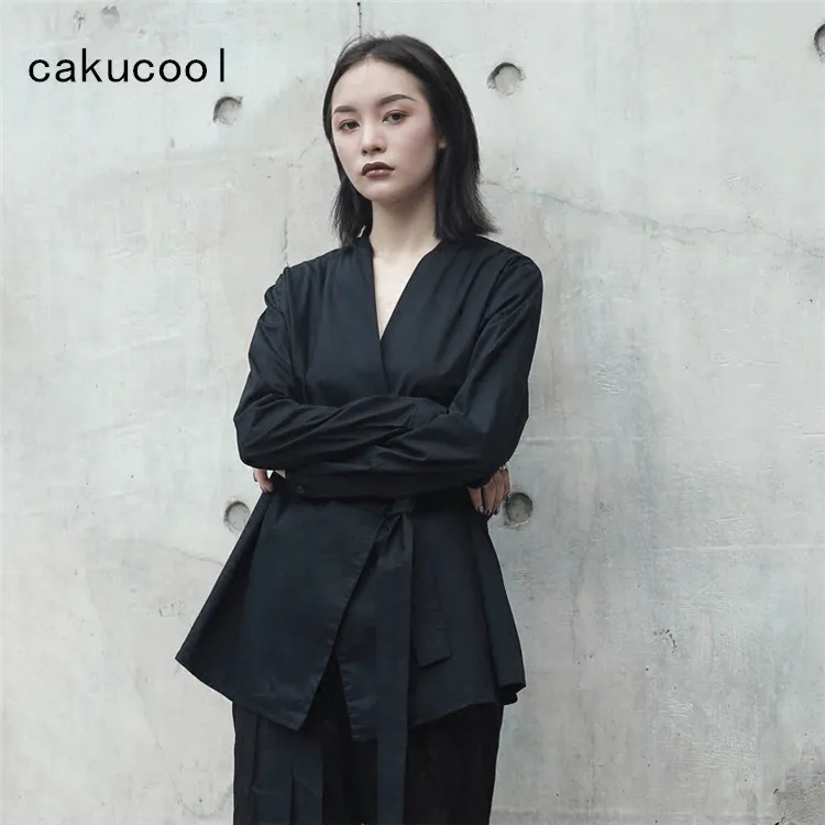 Женская блузка с длинным рукавом Cakucool винтажная облегающая поясом в японском