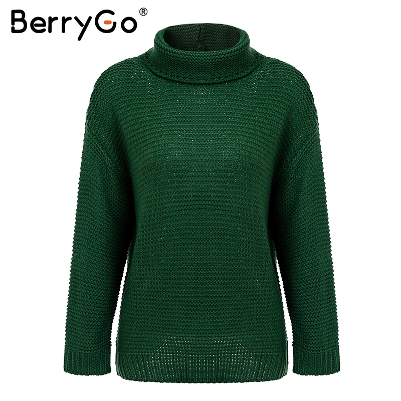 BerryGo зеленый Водолазка трикотажные свитера женские свободные повседневные