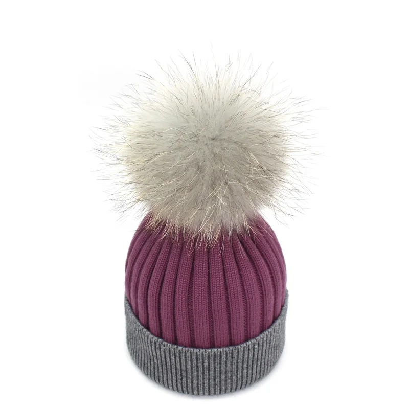 Ditpossible на осень-зиму шапочки Hat Мягкие трикотажные Gorro Шерсть Skullies Повседневная Кепка с воротником из натурального меха енота помпоном шляпы для женщин