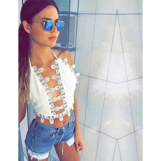 Khaleesi Free shipping 2017 fashion Sexy V lace stitching and sequin tops | Женская одежда
