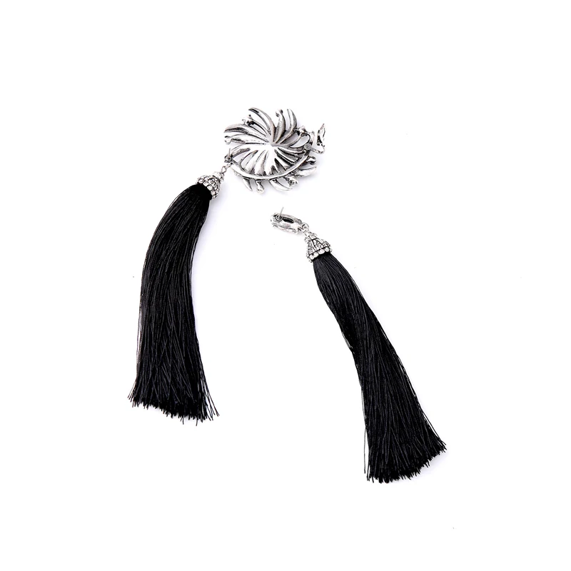 Черные/синие Асимметричные Длинные серьги в стиле ретро с цветком и кисточками