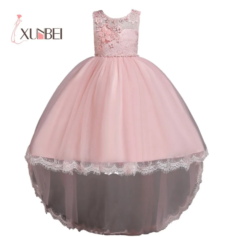 

Hi-low Puffy Tulle Appliqued Flower Girl Dresses 2019 Sleeveless Ball Gown Pageant Dresses For Girls First Communion Dresses