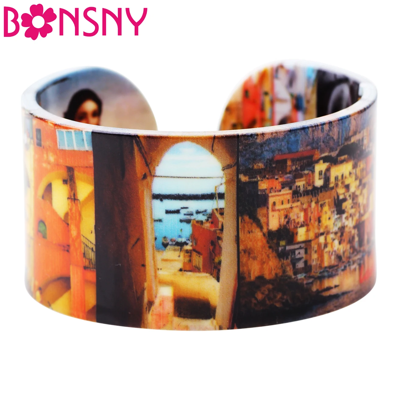 Акриловые широкие женские браслеты Bonsny с итальянским рисунком картина маслом