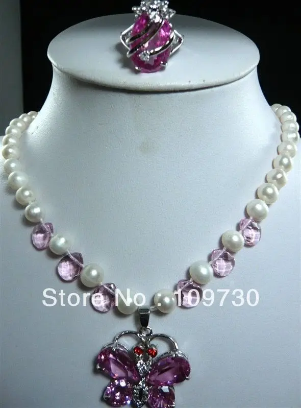 Jewelry 00513 10 color-fancy green/blue/pink jade pearl necklace butterfly pendant earring set can choose | Украшения и