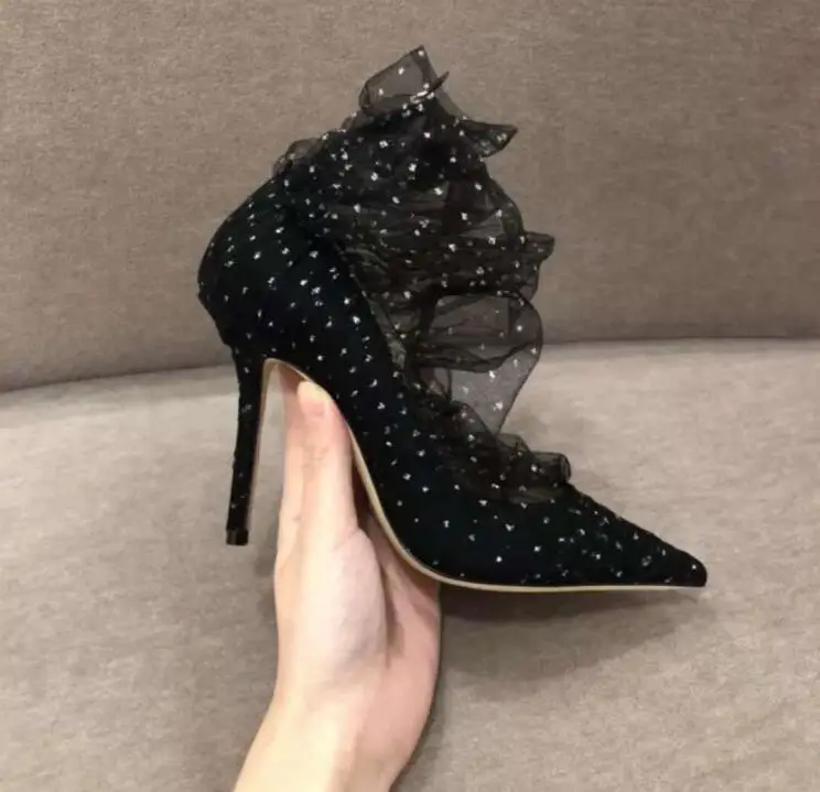Stylesowner Новое поступление удивительные женские сапоги сандалии острый носок тонкий каблук bling сетчатые кружева с блестками Свадебная обувь для вечеринок
