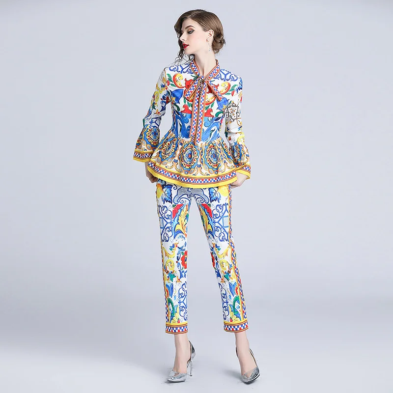 

Painted Print Runway Pants Suit Sets 2019 Women's Flare Sleeve Bow Collar Ruffles Pullover Top+Pencil Pants Two Pieces