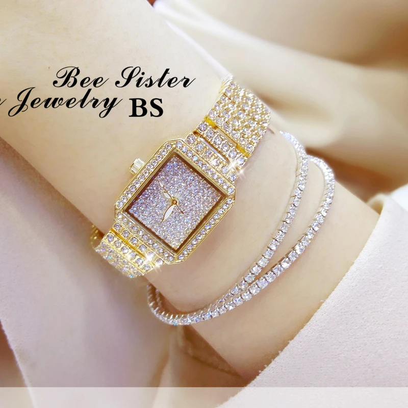 

New Fashion Brand Women Full Diamond free Bracelet Watch Set Lady Luxury Dress Jewelry Gold Bling Watch Dropshipping