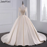 janevini elegant ball gown champagne wedding dresses scoop neck luxury beading lace up back bridal gowns satin dress gelinlikler