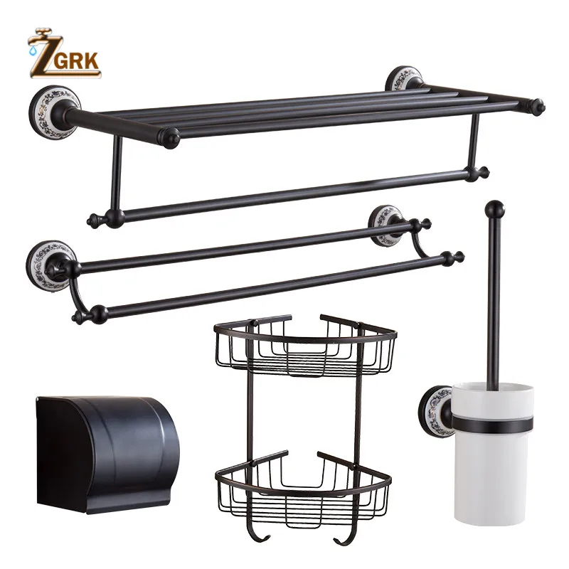 zgrk blue and white china style black brass toilet brush bathroom luxury residential round towel ring bathroom hardware kit free global shipping