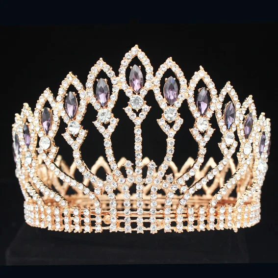 Gold Dark purple Роскошный сверкающий кристалл барокко Королева Король свадебная тиара Корона театрализованный диадема на выпускной вечер головной убор Свадебные украшения для волос аксессуары - Окраска металла: Gold Dark purple