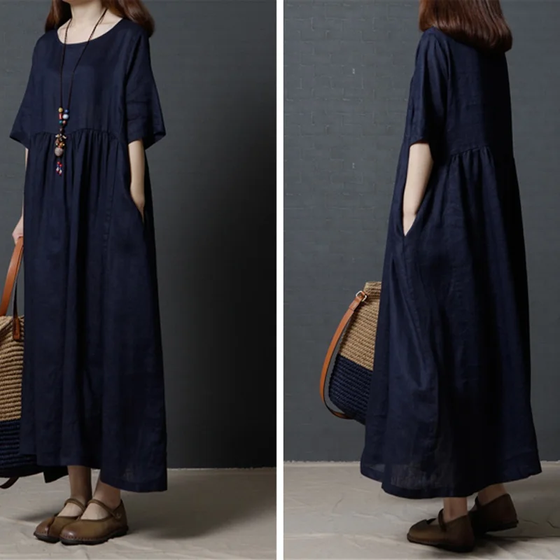 Женское длинное платье из хлопка и льна однотонное с коротким рукавом лето 2020 |