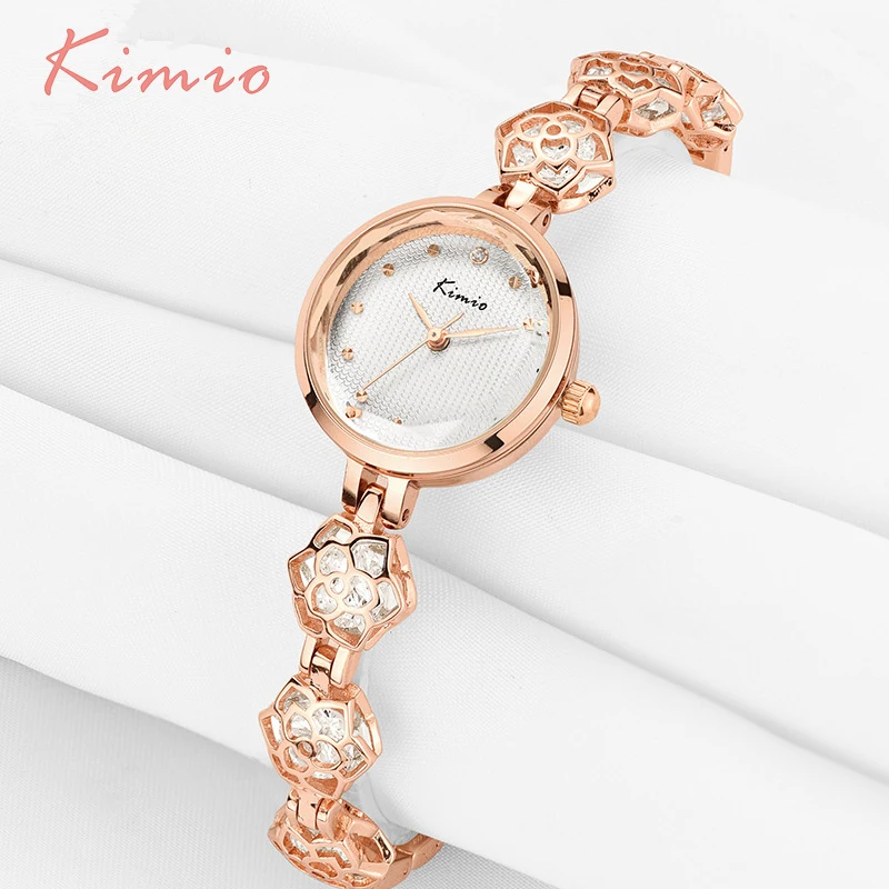 KIMIO Женщины Смотреть Дамы цветок камелии часы из розового золота Браслеты для Для