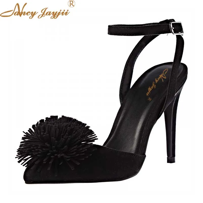 

Black Fringe Tassel Flower Ball Elegant Stilettos Thin Ankle Buckle Straps Summer Pumps Pointed Toe Ladies Women Shoes 2022