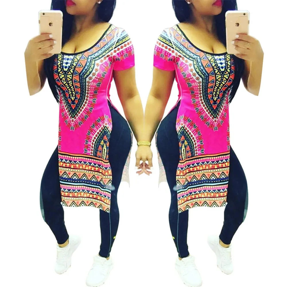 2016 Fashion popular women dress summer Keen-Length O-Neck short sleeve vintage Slit print club dashiki | Женская одежда