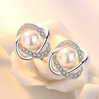 100 925 sterling silver fashion flower crystal pearl stud earrings for women wholesale jewelry female christmas gift