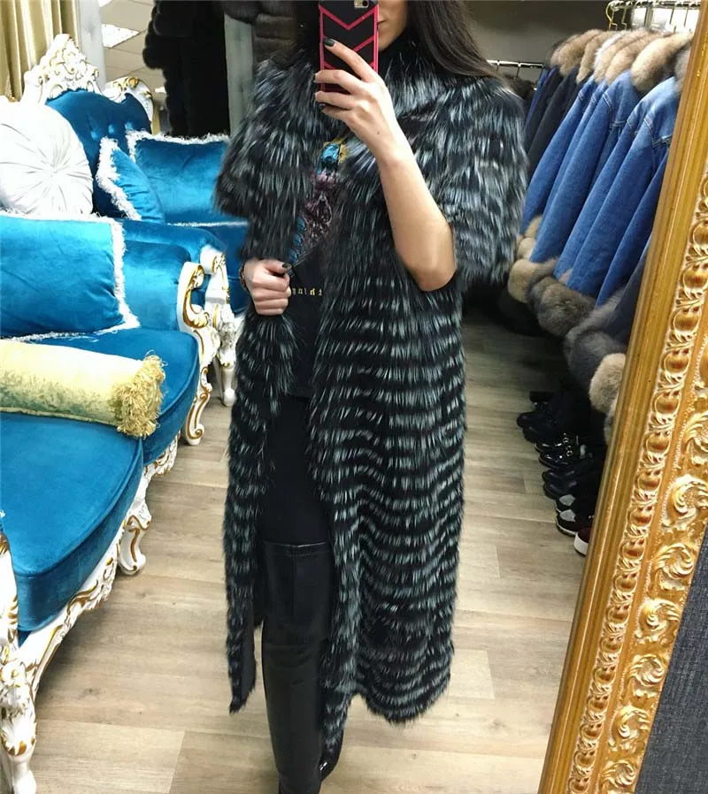Length 110cm Новая шуба из натурального Лисьего меха, шуба из натурального Лисьего меха, толстая Женская куртка с v-образным вырезом, модная Длинная зимняя женская шуба из натурального меха, роскошная FC-142 - Цвет: Length 110cm