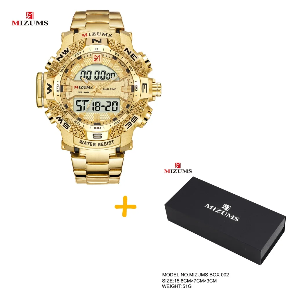 gold-box Золотые мужские часы, светодиодный, цифровые, спортивные часы, мужские, водонепроницаемые, нержавеющая сталь, ремешок, люксовый бренд, Mizums, мужские кварцевые наручные часы XFCS - Цвет: gold-box