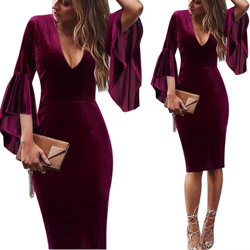 Wine Red Vfemage женские зимние бархатные сексуальные платья с глубоким v-образным вырезом и рукавами-колокольчиками, повседневные деловые Коктейльные Вечерние облегающие платья-карандаш 1026 - Цвет: Wine Red