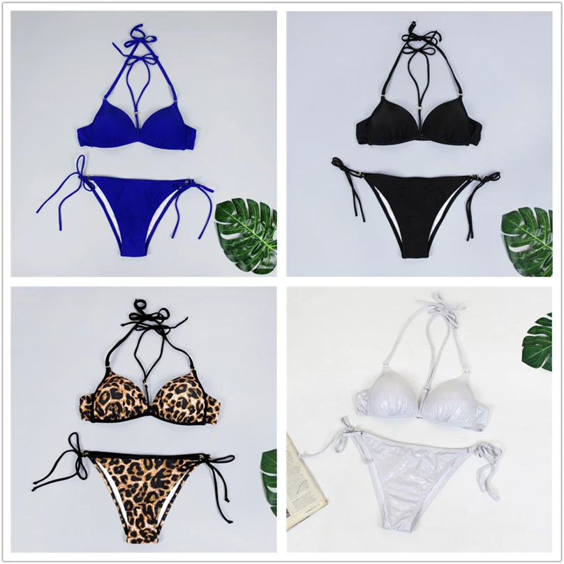 Sexy Bikini Mujer New 2020 Halter Push Up Swimwear Women Solid Beachwear Bathing Suit Two Pieces Brazilian Swimsuit | Женская одежда