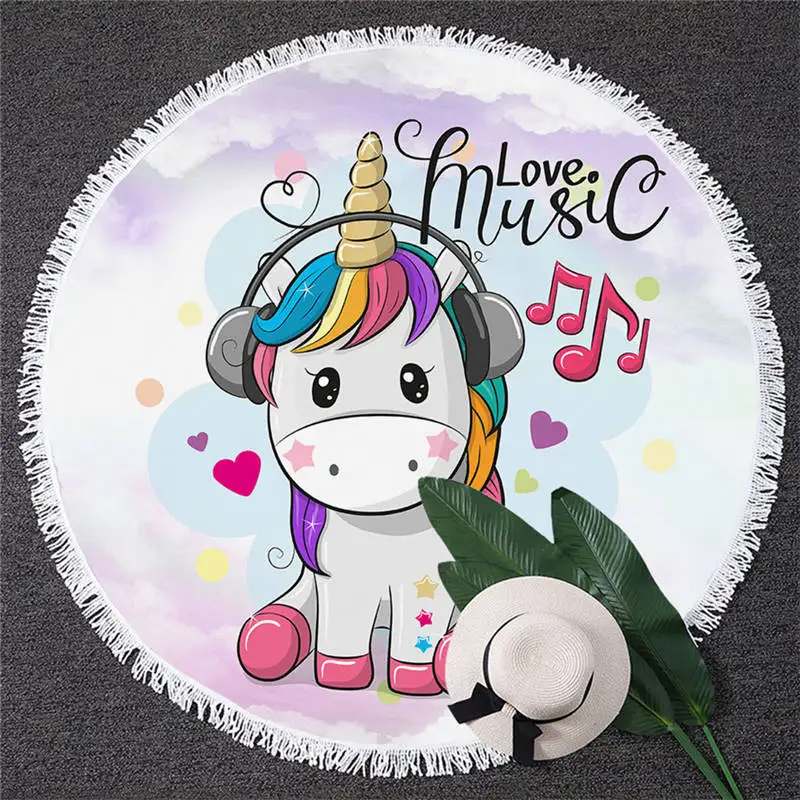 Unicorn 1 BlessLiving круглое пляжное полотенце с единорогом, Радужное детское белое банное полотенце с кисточкой, микрофибра, 150 см, цветное одеяло - Цвет: Unicorn 1