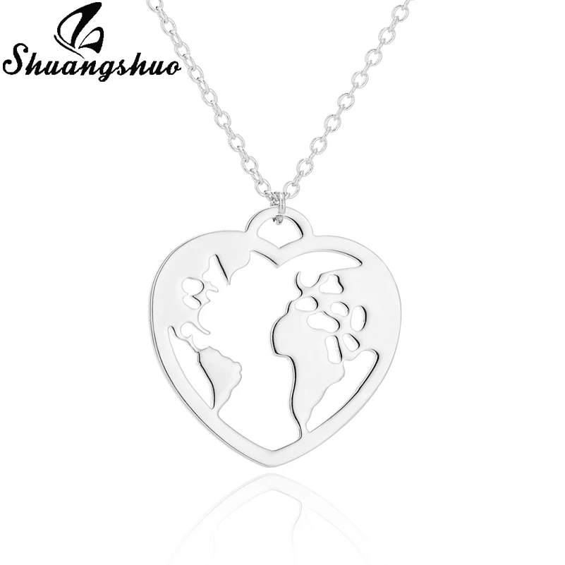 Shuangshuo Necklaces For Women Stainless Steel World Map Pendant Necklace Heart Shap Choker femme collares bijoux collier | Украшения и