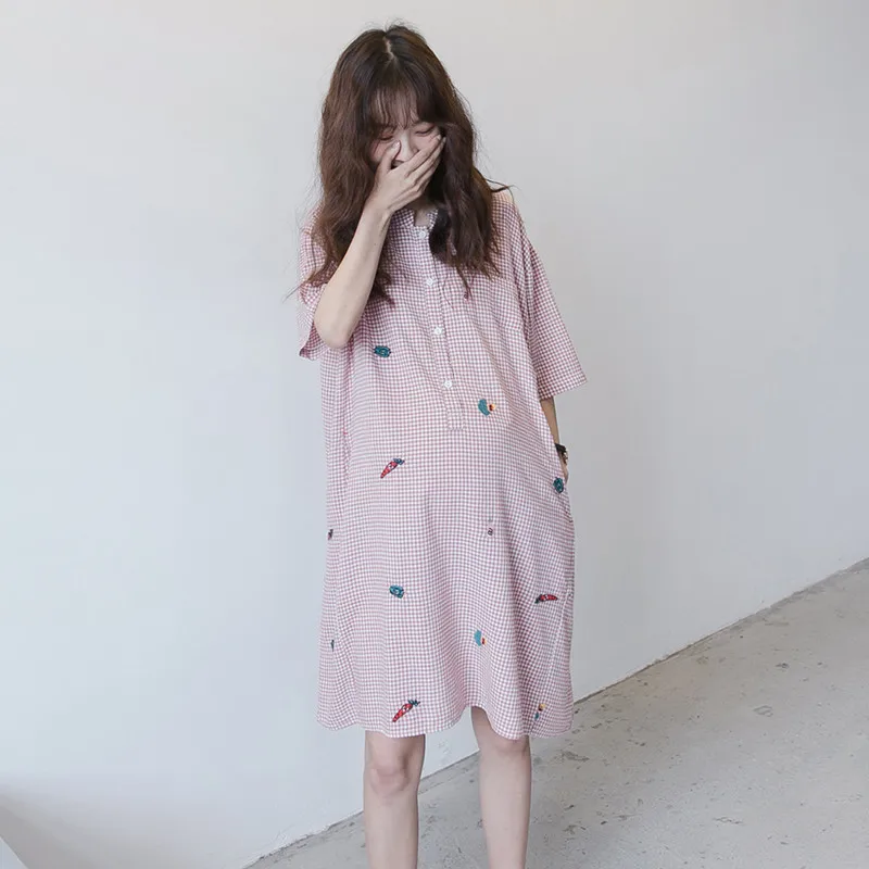 

Summer embroidery Loose Dresses Expectant Mother Maternity Short Sleeve Pink Dress Pregnancy Plaid Dresse Pregnant women Clothes